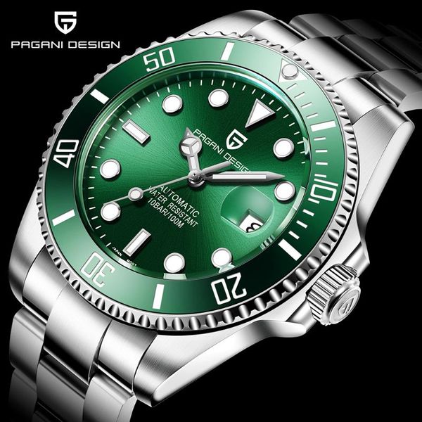 

pagani design brand luxury men watches automatic green watch men stainless steel waterproof business sport mechanical watch, Slivery;brown