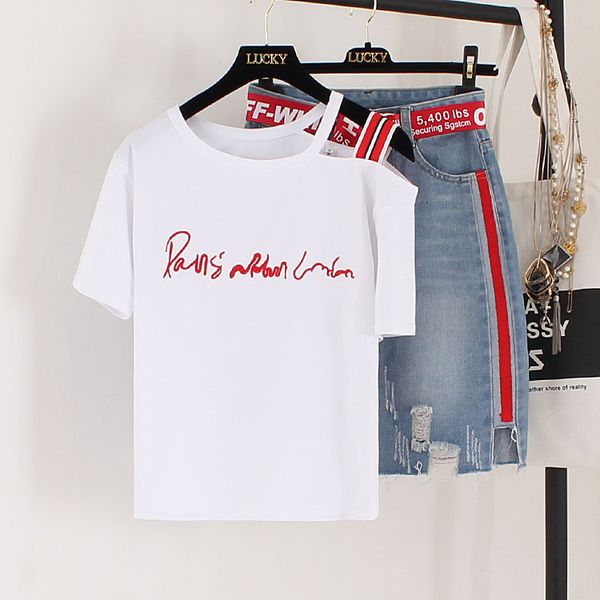 

2020 new summer fashion womens chic sets letter embroidery short sleeve cotton tshirt + hole denim skirts students 2 piece suit, White