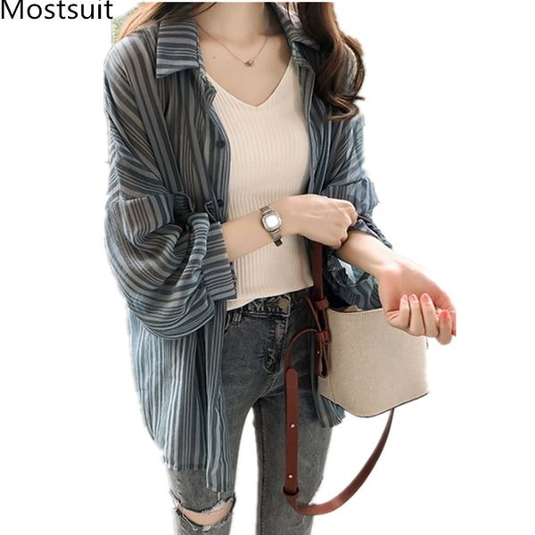 

4xl chiffon striped kimono blouses women plus size spring summer lantern sleeve cardigan shirts casual korean sunscreen blusas, White