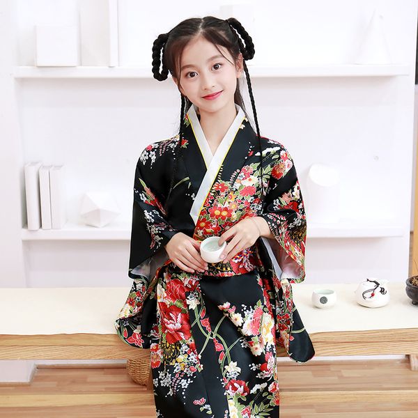 

baby girl kimono traditional formal dress kids japanese style party cosplay costume children yukata robes haori samurai clothing, Red