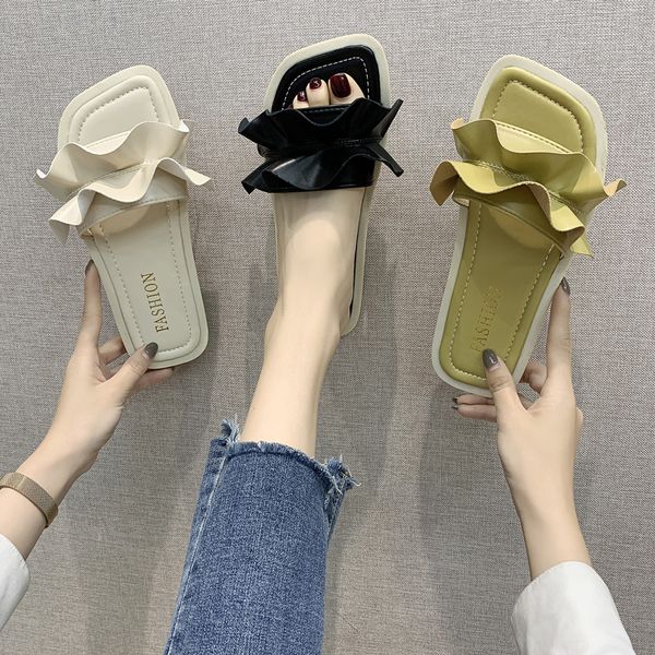 

shoes slippers casual butterfly-knot slipers women slides low 2020 flat summer soft fashion pu fabric basic rubber, Black