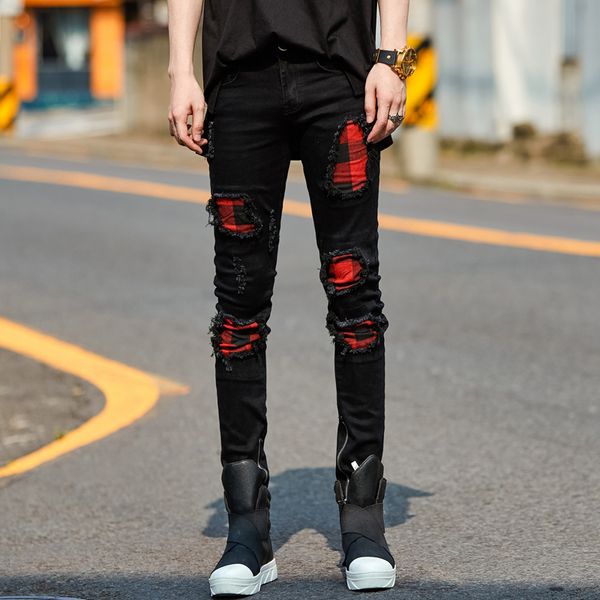 

black checkered jeans with holes for men fashion casual hip hop punk gothic style jeans, Blue