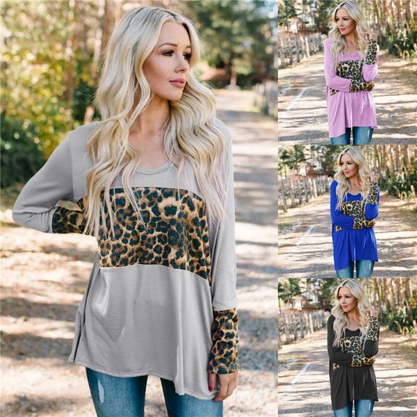 

tshirts casual loose crew neck females tees fashion females clothing leopard panelled womens designer long sleeve, White