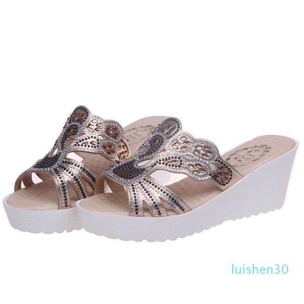 

rhinestone hollow thick bottom wedge slipper woman shoes platform slipper women wedge high heels shoes zapatos de mujer drop l30, Black