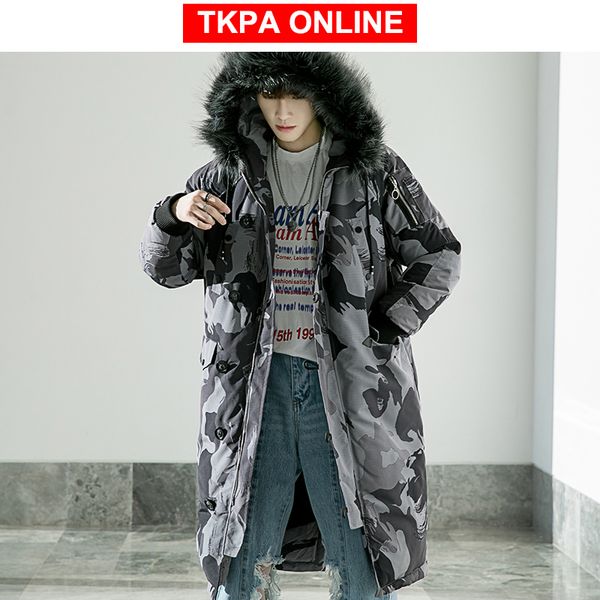 

camo зима длинные пальто мужчины толстые теплый камуфляж puffer jacket японский streetwear мех с капюшоном зимняя куртка плюс размер, Black