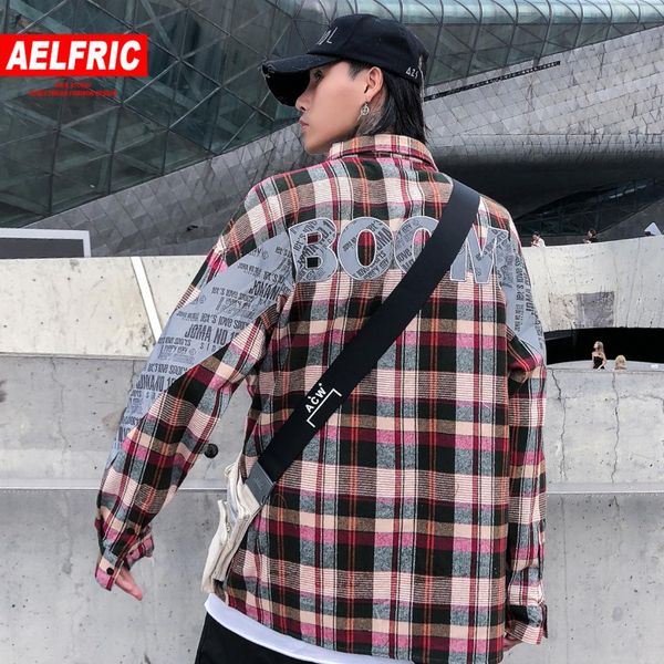 

aelfric letter printed plaid patchwork mens shirts 2019 fashion harajuku streetwear hip hop casual cotton oversized long sleeve, White;black
