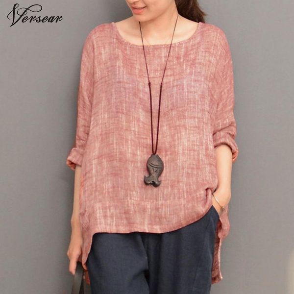 

versear women plus size cotton blouse semi sheer high low irregular hem split round neck long sleeve oversized blusas, White