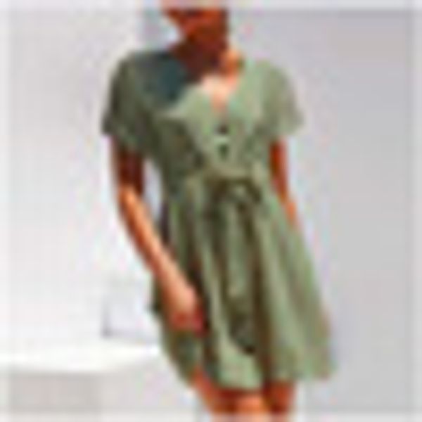 

women's short sleeve button summer mini dress v-neck casual loose party lace-up, Black;gray