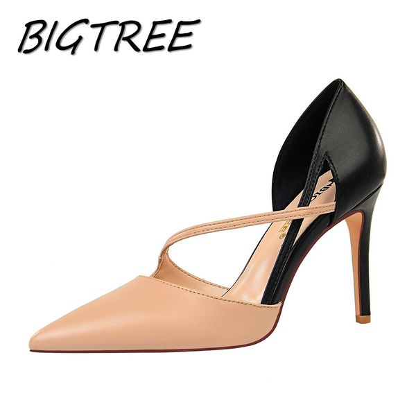 

bigtree wedding party women pumps shoes woman high heels patchwork female strap nightclub stilettos dress cut-out shoe, Black