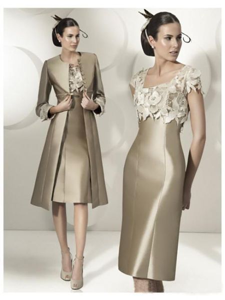 Heißer Verkauf Elegantes Etui-Partykleid Spitze Satin Kleid für die Brautmutter Knielanges Kleid mit Jacke