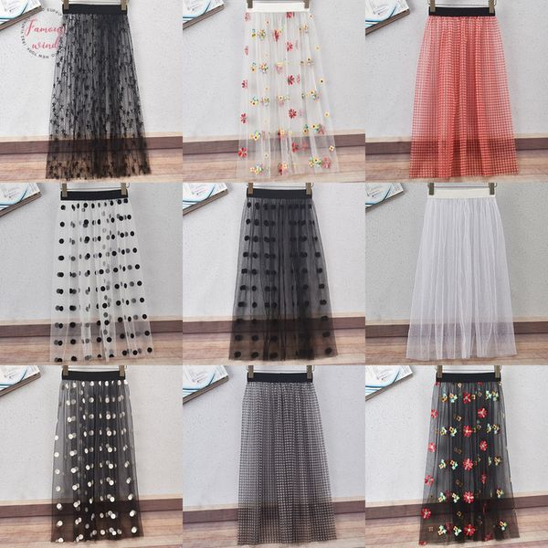 

new tulle a line women lace mesh skirt summer casual vintage high waist skirts elastic hollow out transparent one layer skirt, Black