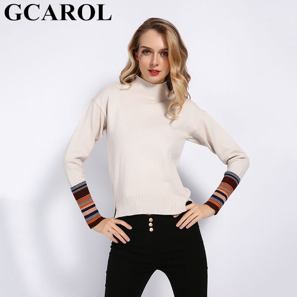 

gcarol new fall winter women stripes sleeve sweater stretch casual sides split jumper knit pullover stand collar knitwear, White;black