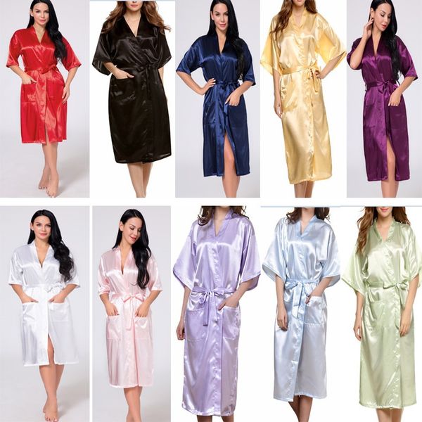 

13 colors women solid long pajamas summer silk silk kimono robe for bridesmaids wedding party night gown home clothing fa2212, Blue;gray