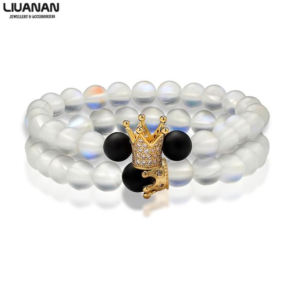 

8mm natural stone beads bracelets crown king queen couple bracelet & bangle for lovers his hers jewelry handmade 4 designs, Golden;silver