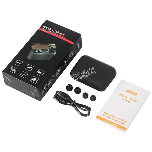 Einzelhandel HBQ Q32 TWS Sport Unsichtbare Drahtlose Kopfhörer Bluetooth V5.0 Headset mit Lade Box 1500MA Für IOS iPhone X XR Android