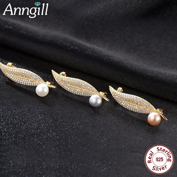 All'ingrosso-perla naturale di colore dell'oro di Foglia Spille Pins reale Argento 925 donne Wedding Spilla Abbigliamento Accessori Gioielli