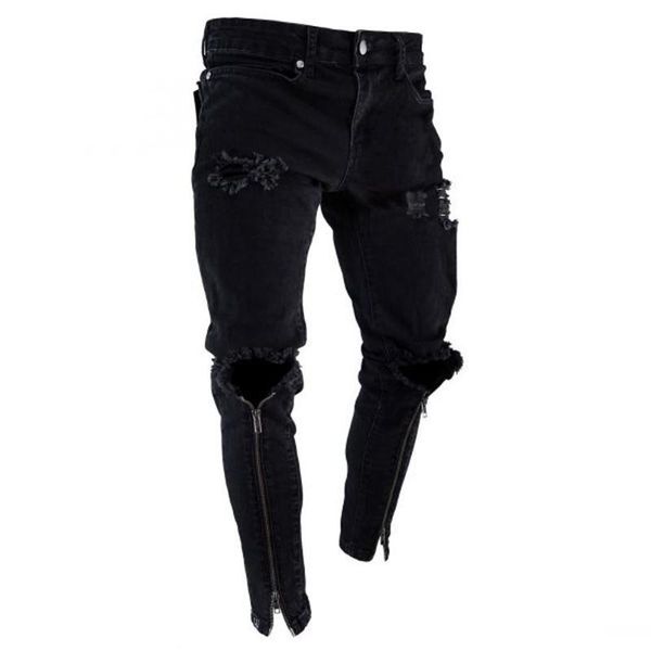 

2019 men's leisure jeans hole zipper men's jeans, Blue