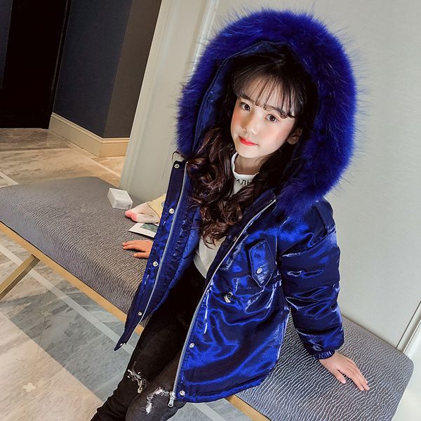 

girls 4-12 years winter big fur down jacket puffer mid-long bright blue casual fashion thicken warm outerwear coat jacket, Blue;gray