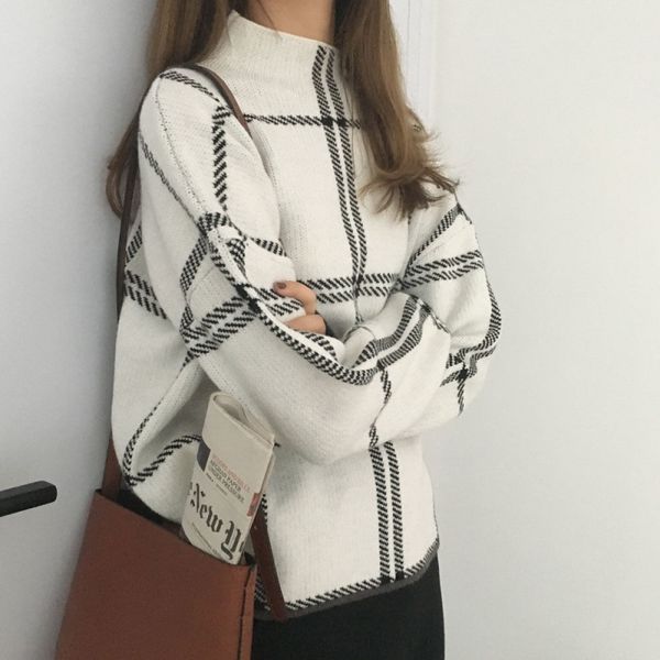 

2019 ins winter new women's pullovers sweater fashion plaid turtleneck loose knit full sleeve korean casual, White;black