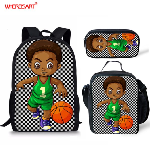

whereisart 3pcs/sets children school bags set african black boys kids backpack afro soccer art student elementary schoolbags