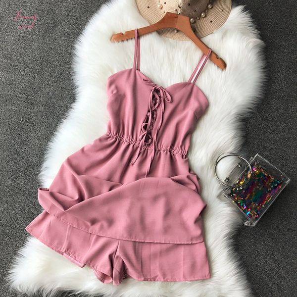 

2019 summer new simple sling women party jumps was thin high waist v neck elastic waist bandage rompers new, Black;white