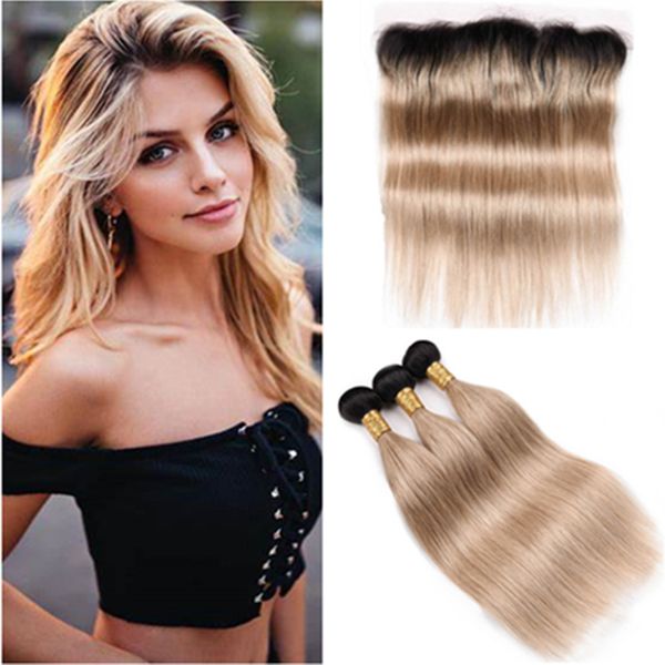 Malaysian Honey Blonde Ombre Weave Human Hair Bundles With Frontal