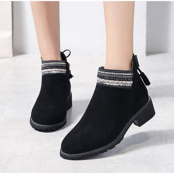 

autumn women's vintage ankle boots women bowtie tassel shoes ladies low heel zipper woman classic fashion short boots female, Black