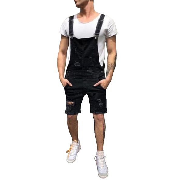 

heflashormen's overall shorts knee length ripped denim bib overalls with hole full pocket casual polyester plus size 3xl jeans, Blue