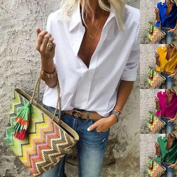 

the new solid color lapel long-sleeved shirt ladies can pull