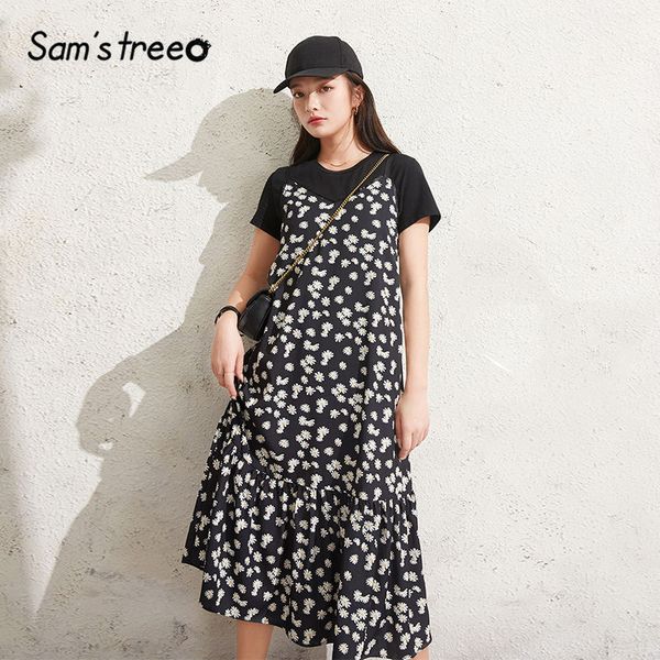 

sam's tree daisy floral high waist satin casual women midi dresses 2020 summer new short sleeve korean ladies holiday dress, Black;gray