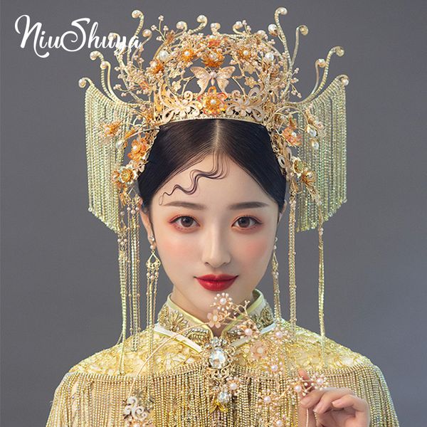 

niushuya chinese style wedding hair accessories ancient bride headwear golden phoenix coronet long tassles bridal hair jewelry, Golden;white