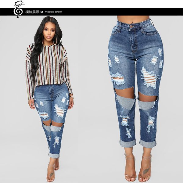 

ozhouzhan knee large with holes beggar vulnerability jeans women's europe and america fashion, Blue