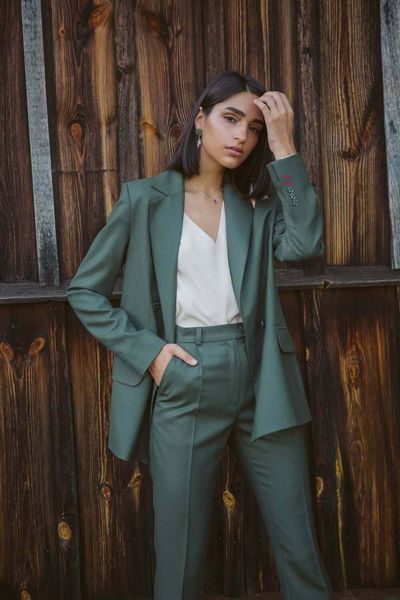 

green blazer ladies women suit double breasted casual coat jacket pants mother of the bride suits formal wedding guest wear, Black;red
