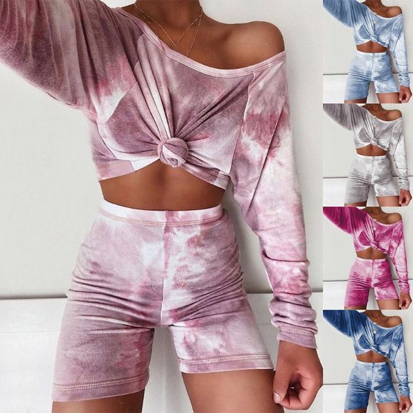 

two piece dress womens tie dye lounge casual tracksuit pants long-sleeved suit sets sweatshirt 2 t-shirt loungewear pajamas sleepwear, White