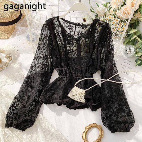 

gaganight элегантная мода кружева женщины блузка с длинным рукавом короткие тонкие рубашки офис леди шикарные летние blusas старинные рубашк, White