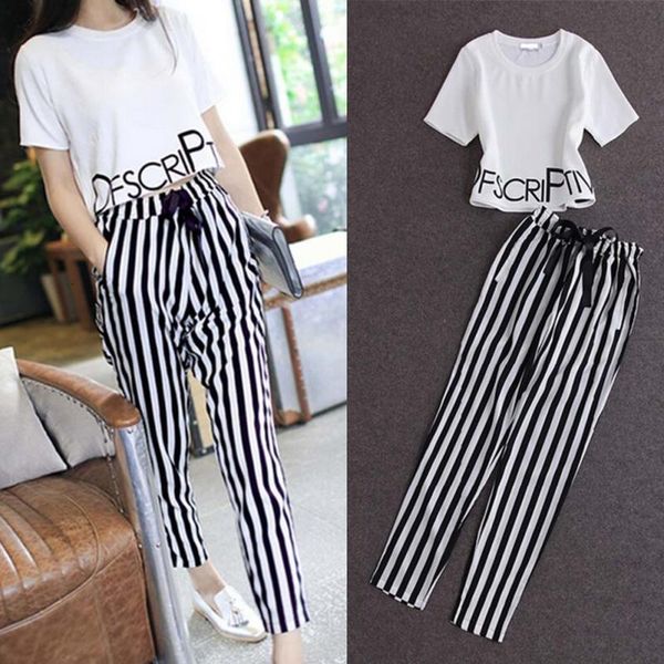 

часть 2 набор женщин короткие рукава письмо версия для печати короткие crop top black white stripe кулиской нейлоновые штаны новое лето дамы