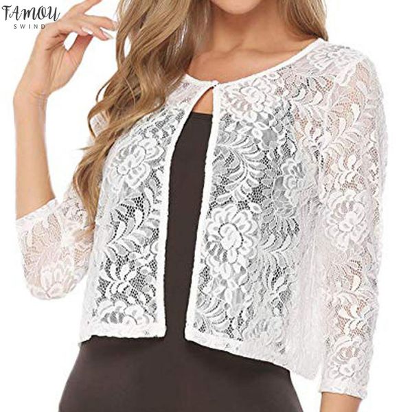 

long sleeve new arrival women lady summer half sleeve sheer soft chiffon bolero shrug open front jacket cardigan thin short lace coat, White