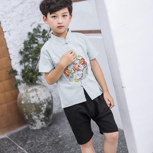 

national style children short sleeve tang suit chinese traditional costume dragon embroidery boys stage show hanfu clothing, Red