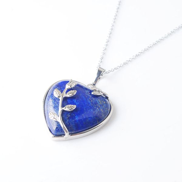 

wojiaer bohemian style women jewellery love heart gem stone necklaces natural lapis lazuli stone charms pendant dn3179, Silver