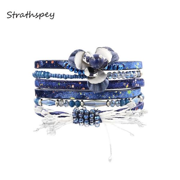 

strathspey bracelet fashion elegant women multi rows petal flower pu lather wrap bracelet & bangle black dark blue red brown, Golden;silver