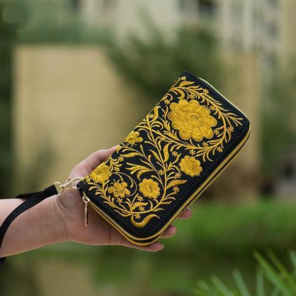 

дизайнер-национальный тренд вышитые женские кошельки длинные ручной работы вышивка цветочный холст двойной молнии портмоне держатель, Red;black