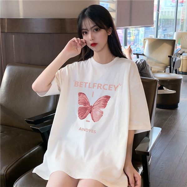 

anti-wrinkle without pilling 2020 summer dress sweet cute pink clothing t-shirt butterfly butterfly loose short-sleeved t-shirt, White