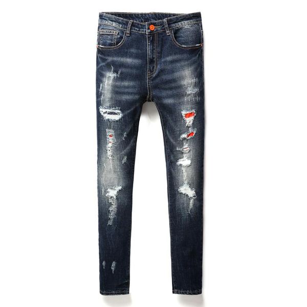 

осенние мужские джинсы рваные дырчатые джинсовые брюки мода прямые мужские джинсовые брюки средняя молния fly длинные джинсы одежда оптом, Blue