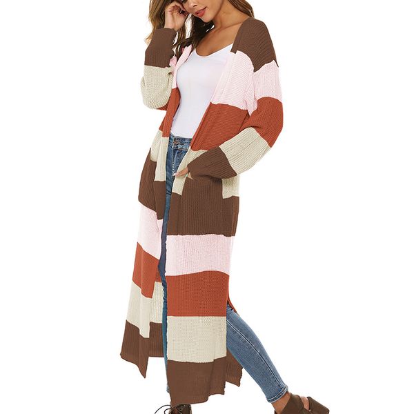 

3colors sweater women knit long loose round neck large size rainbow striped cardigan sweater long sleeve cardigan, White