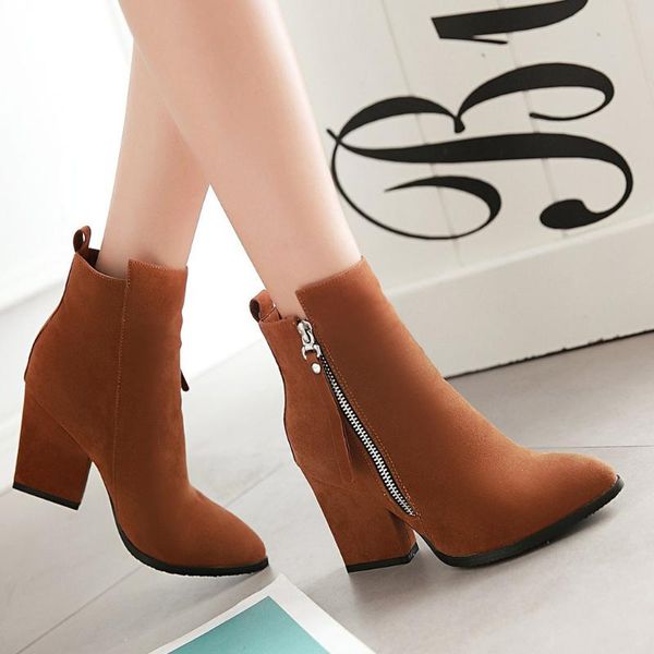 

new arrival women's winter boots solid pointed toe thick heel shoes fashion platform high heels ankle boots ladies flock shoes, Black