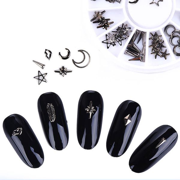 

black studs 3d in wheel nail decoration mixed rivet circle star round square triangle bead tips manicure nail art decoration, Silver;gold