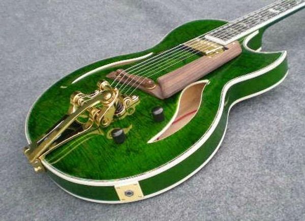 

2019 arrival cu tom hop tiger flame maple model 335 with tremolo green jazz electric guitar emi hollow body hipping