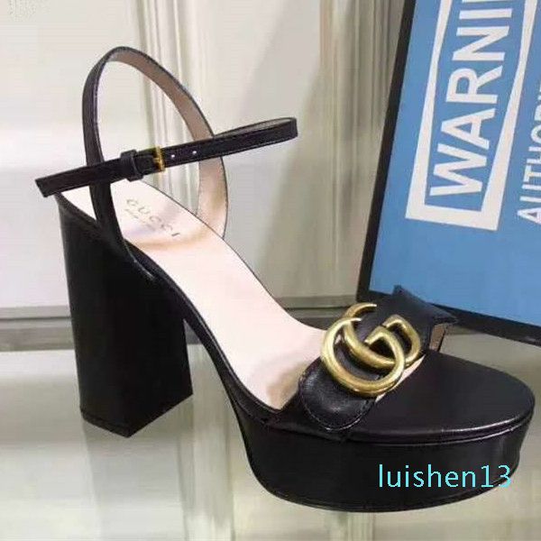 

must have branded women leather platform high heel sandal designer lady adjustable ankle strap rubber sole sandal l13, Black