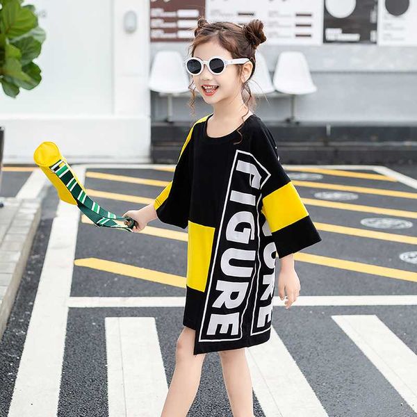 

asymmetrical t-shirt girl's clothes long tee loose fashion letter print sweatshirt summer t-shirts hip-hop girls children, Blue