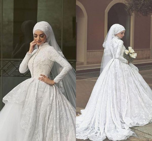 

luxury muslim ball gown wedding dresses long sleeve high neck covered bridal gowns with lace appliques sweep train zipper back wedding gown, White